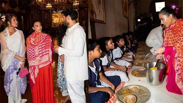 ভারতে ইসকনে গিয়ে শিশুদের খাওয়ালেন কিম কার্দাশিয়ান